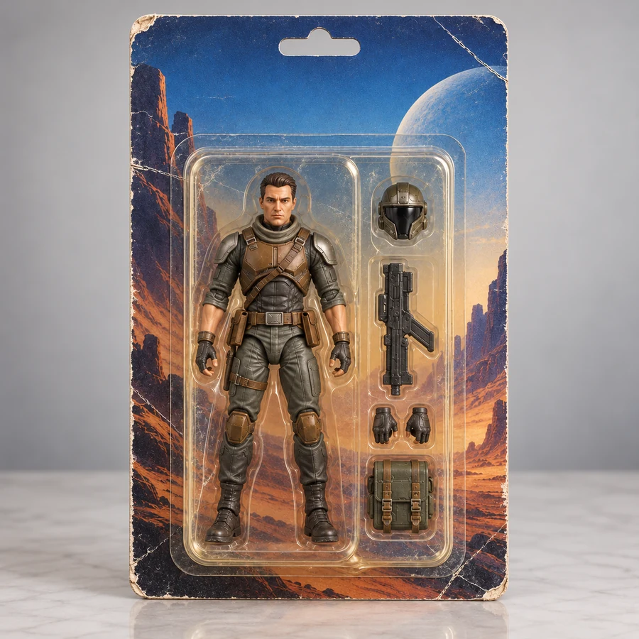 Example of collectible packaging with visible creasing, edge wear, and surface scuffs