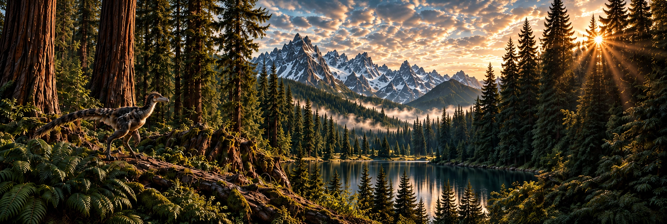 A small feathered Troodon among redwoods beside a mountain lake at sunset